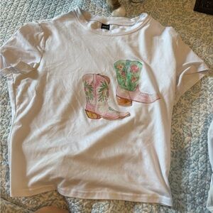 White T-Shirt with Cowboy Boot Print